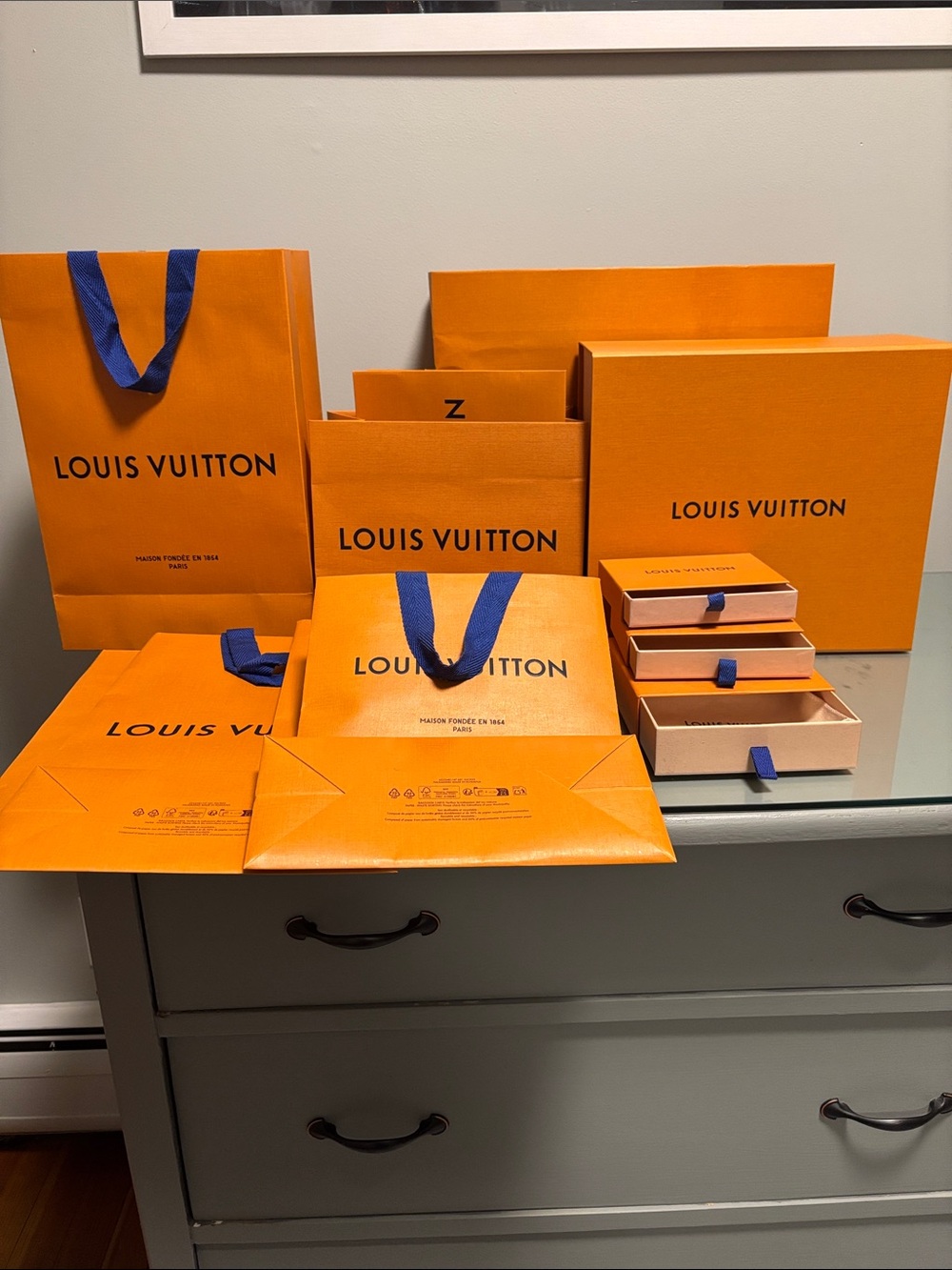 Louis Vuitton Orange Shopping Bags with Blue Ribbon Handles